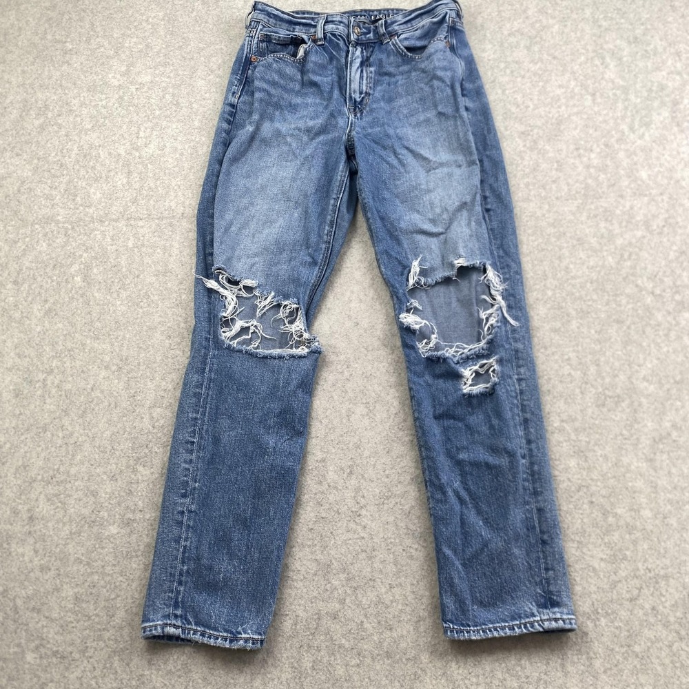 American Eagle Outfitters Mom Jeans Womens 6 (27x27) Blue Distressed *STAIN*